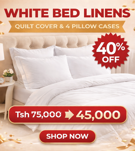 Mashuka meupe na duvet cover, shuka moja, duvet cover moja na foronya nne za mito, 8 kwa 9