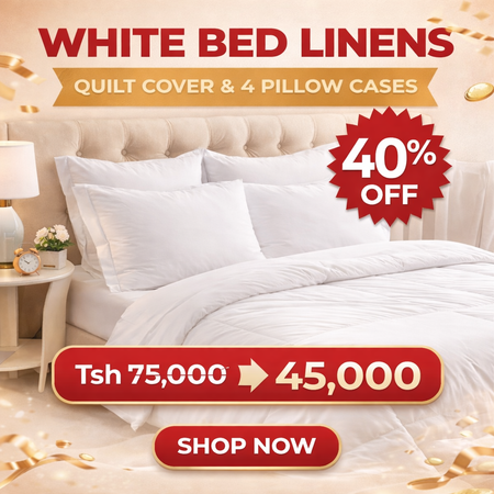 Mashuka meupe na duvet cover, shuka moja, duvet cover moja na foronya nne za mito, 8 kwa 9